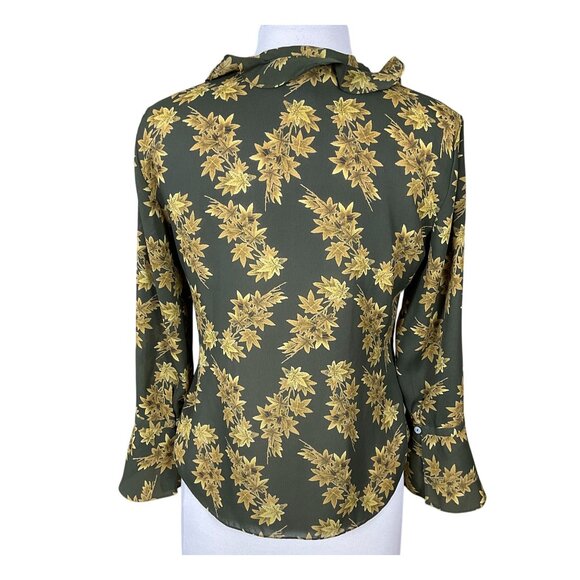 Jones Wear Long Bell Sleeve V-Neck Ruffled Button Front VTG Leaves Blouse 6 - Picture 4 of 8